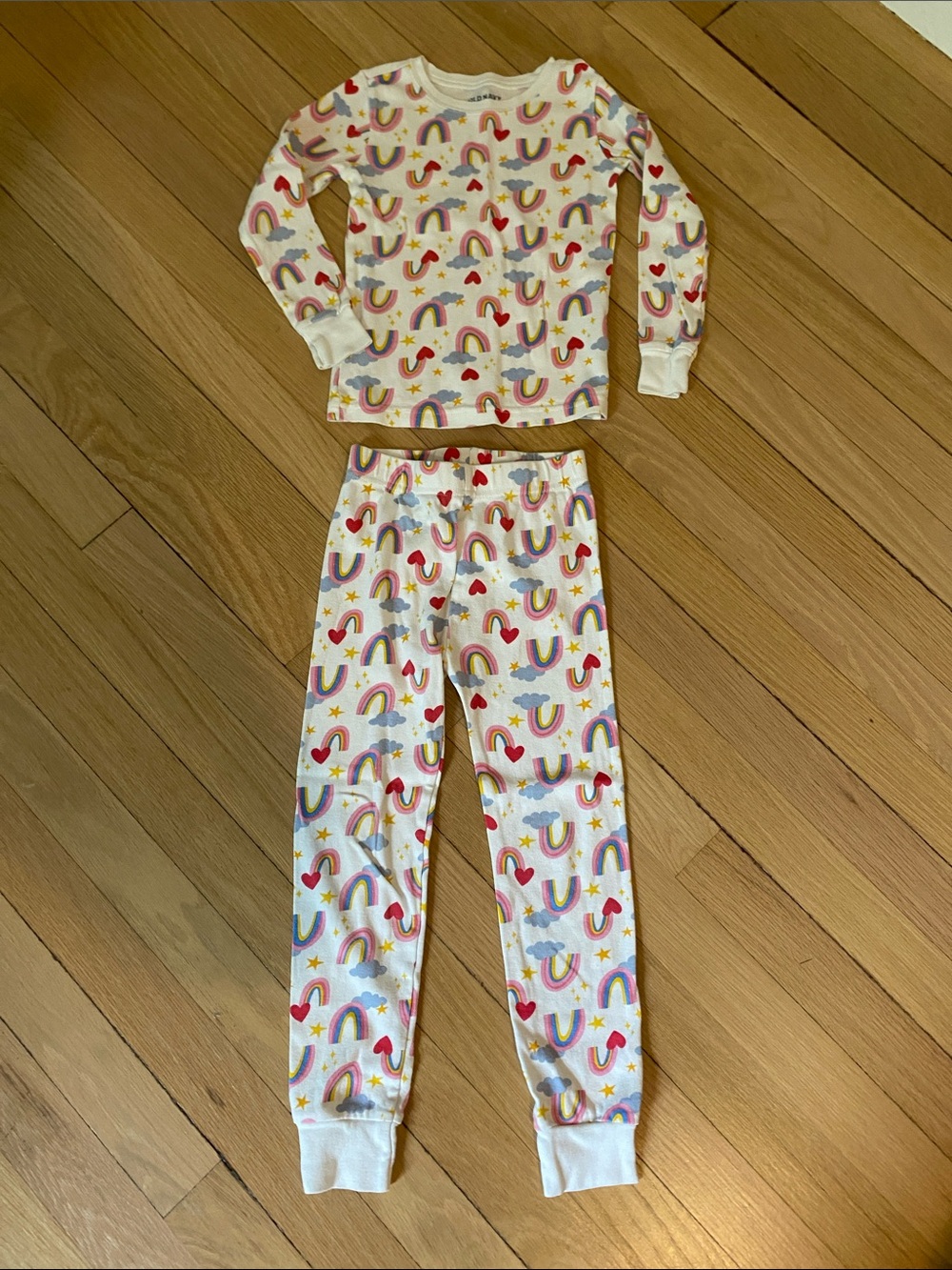 Old Navy White Kids Pajama Set with Multi-Color Rainbows and Hearts